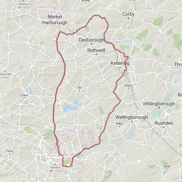 Map miniature of "The Tranquil Escape" cycling inspiration in Leicestershire, Rutland and Northamptonshire, United Kingdom. Generated by Tarmacs.app cycling route planner