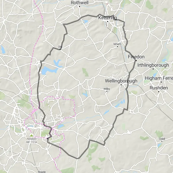 Map miniature of "Northamptonshire Road Expedition" cycling inspiration in Leicestershire, Rutland and Northamptonshire, United Kingdom. Generated by Tarmacs.app cycling route planner