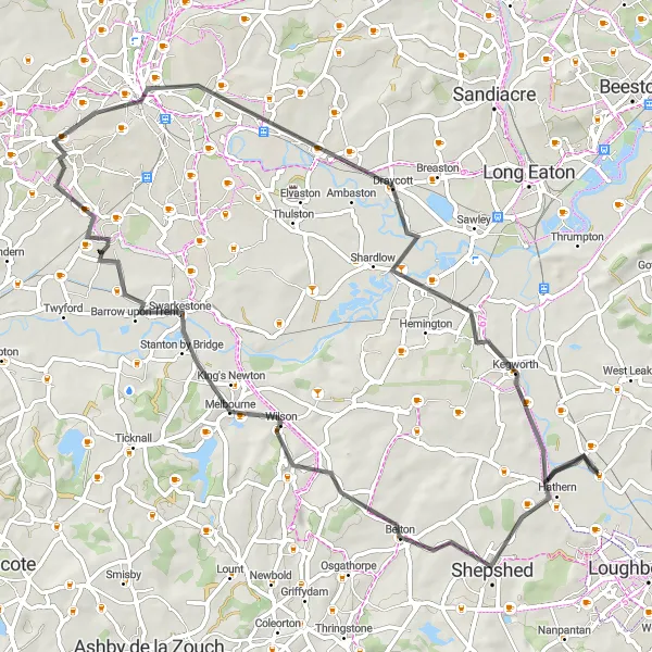 Map miniature of "The Breedon and Kegworth Ride" cycling inspiration in Leicestershire, Rutland and Northamptonshire, United Kingdom. Generated by Tarmacs.app cycling route planner