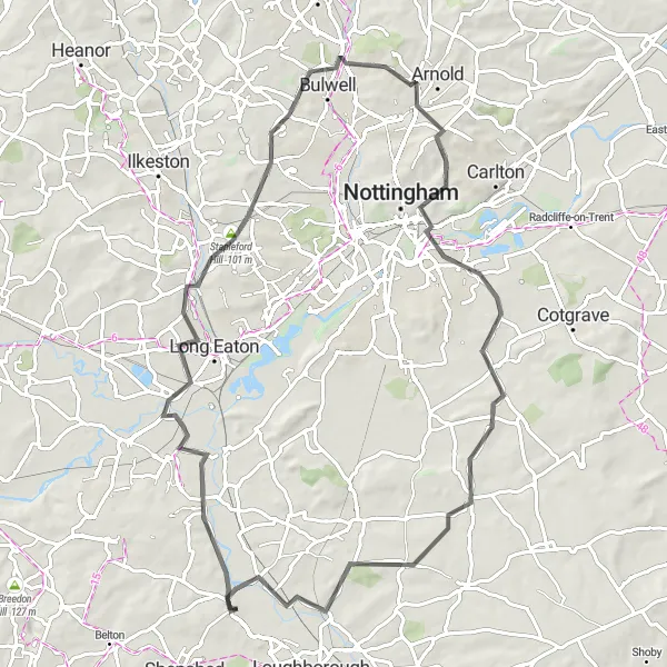 Map miniature of "Loop around Hathern and its Surroundings" cycling inspiration in Leicestershire, Rutland and Northamptonshire, United Kingdom. Generated by Tarmacs.app cycling route planner