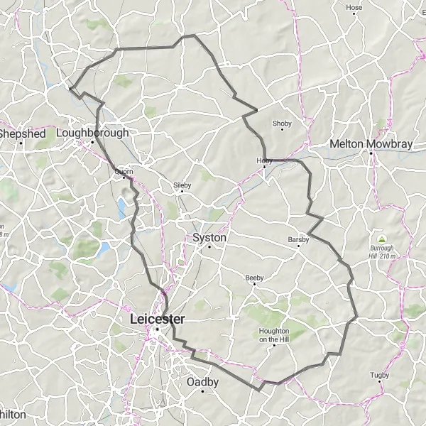 Map miniature of "The Leake and Wolds Loop" cycling inspiration in Leicestershire, Rutland and Northamptonshire, United Kingdom. Generated by Tarmacs.app cycling route planner