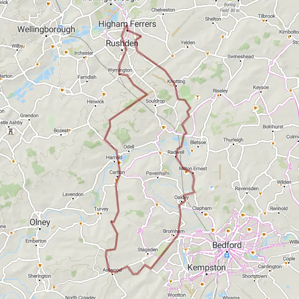 Map miniature of "The Rushden Circuit" cycling inspiration in Leicestershire, Rutland and Northamptonshire, United Kingdom. Generated by Tarmacs.app cycling route planner