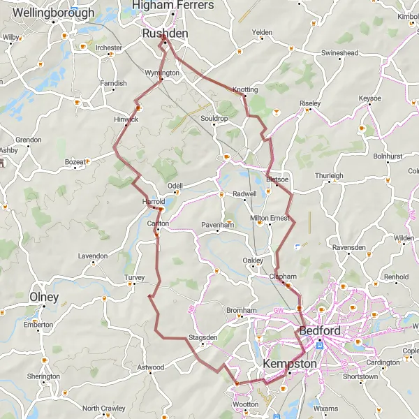 Map miniature of "Higham to Rushden Loop" cycling inspiration in Leicestershire, Rutland and Northamptonshire, United Kingdom. Generated by Tarmacs.app cycling route planner