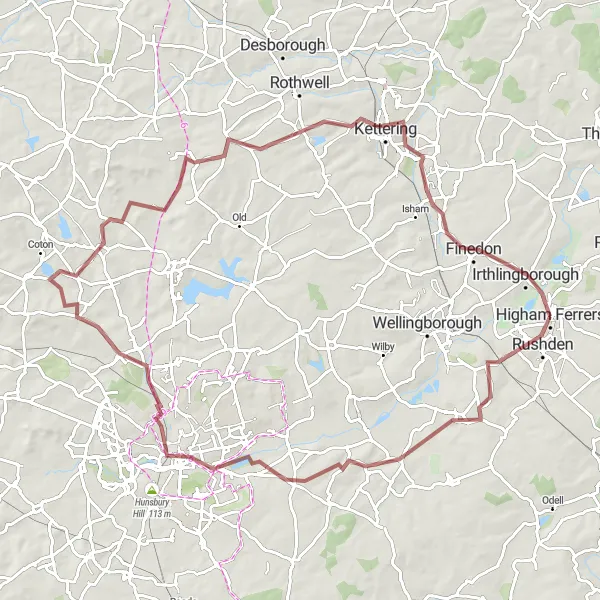 Map miniature of "The Northampton Adventure" cycling inspiration in Leicestershire, Rutland and Northamptonshire, United Kingdom. Generated by Tarmacs.app cycling route planner