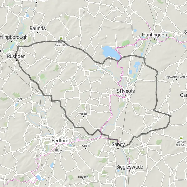 Map miniature of "Higham to Sandy Road Adventure" cycling inspiration in Leicestershire, Rutland and Northamptonshire, United Kingdom. Generated by Tarmacs.app cycling route planner