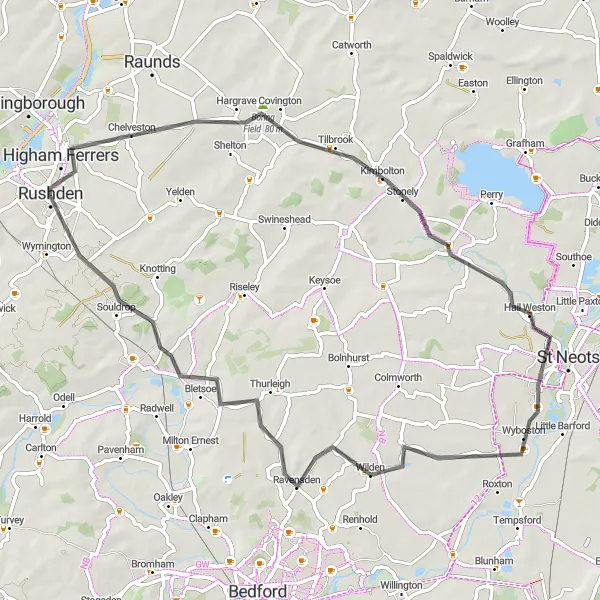 Map miniature of "The Castle View Challenge" cycling inspiration in Leicestershire, Rutland and Northamptonshire, United Kingdom. Generated by Tarmacs.app cycling route planner