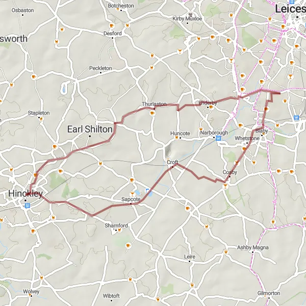 Map miniature of "Hinckley and Aylestone Gravel Route" cycling inspiration in Leicestershire, Rutland and Northamptonshire, United Kingdom. Generated by Tarmacs.app cycling route planner