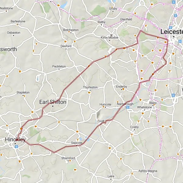 Map miniature of "Charming Gravel Ride: Hinckley to Earl Shilton" cycling inspiration in Leicestershire, Rutland and Northamptonshire, United Kingdom. Generated by Tarmacs.app cycling route planner