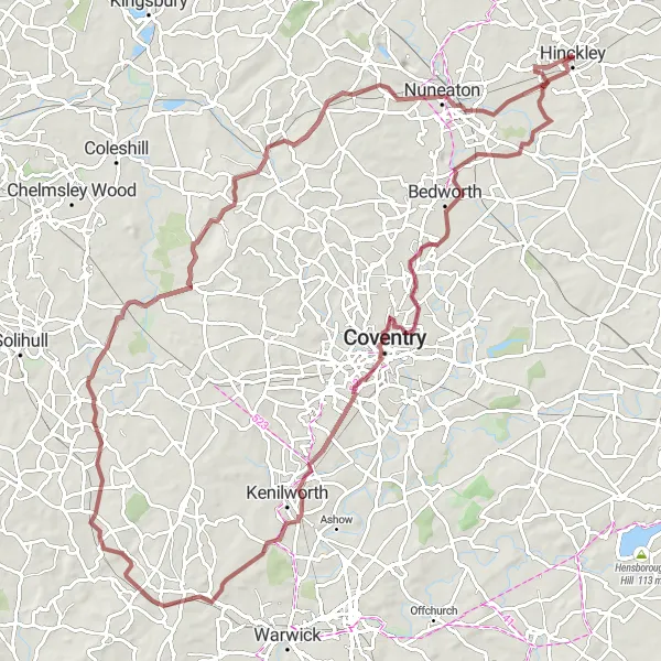 Map miniature of "Leicester - Rutland - Northamptonshire Loop" cycling inspiration in Leicestershire, Rutland and Northamptonshire, United Kingdom. Generated by Tarmacs.app cycling route planner