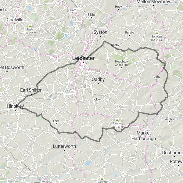 Map miniature of "Scenic Road Trip: Hinckley to Lichfield" cycling inspiration in Leicestershire, Rutland and Northamptonshire, United Kingdom. Generated by Tarmacs.app cycling route planner