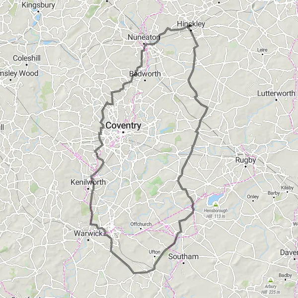Map miniature of "Leicestershire to Warwickshire Road Cycling" cycling inspiration in Leicestershire, Rutland and Northamptonshire, United Kingdom. Generated by Tarmacs.app cycling route planner