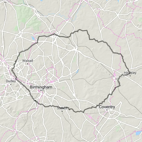 Map miniature of "Road Cycling Adventure: Hinckley to Lichfield" cycling inspiration in Leicestershire, Rutland and Northamptonshire, United Kingdom. Generated by Tarmacs.app cycling route planner