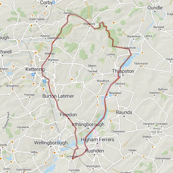 Map miniature of "Wold Gravel Path Cycling Expedition" cycling inspiration in Leicestershire, Rutland and Northamptonshire, United Kingdom. Generated by Tarmacs.app cycling route planner