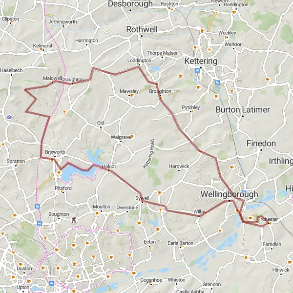 Map miniature of "The Wilby Challenge" cycling inspiration in Leicestershire, Rutland and Northamptonshire, United Kingdom. Generated by Tarmacs.app cycling route planner