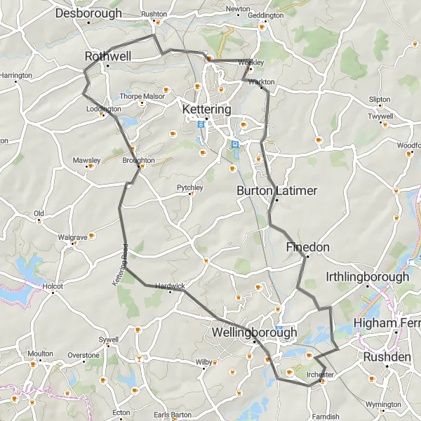 Map miniature of "Roads of Discovery" cycling inspiration in Leicestershire, Rutland and Northamptonshire, United Kingdom. Generated by Tarmacs.app cycling route planner