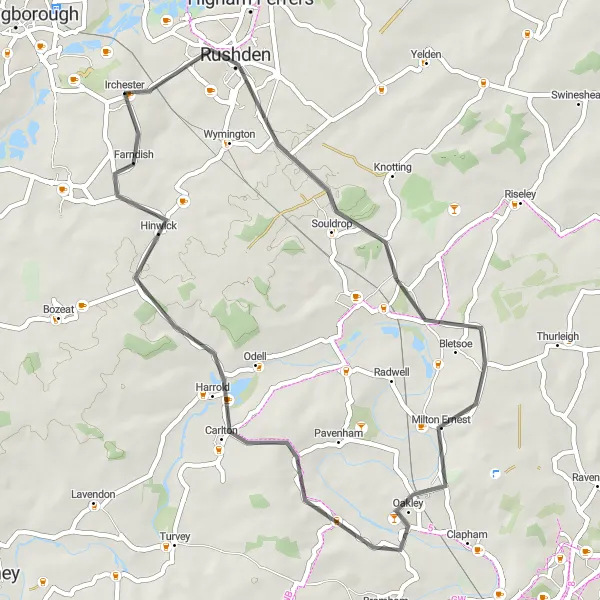 Map miniature of "The Rushden Loop" cycling inspiration in Leicestershire, Rutland and Northamptonshire, United Kingdom. Generated by Tarmacs.app cycling route planner