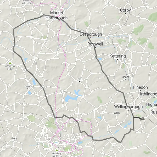 Map miniature of "Heart of Northamptonshire Road Cycling Adventure" cycling inspiration in Leicestershire, Rutland and Northamptonshire, United Kingdom. Generated by Tarmacs.app cycling route planner