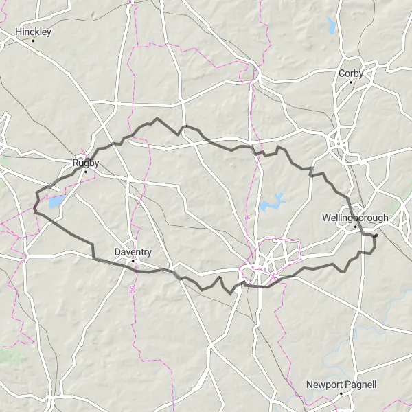 Map miniature of "Grand Rutland Adventure Road Cycling Circuit" cycling inspiration in Leicestershire, Rutland and Northamptonshire, United Kingdom. Generated by Tarmacs.app cycling route planner