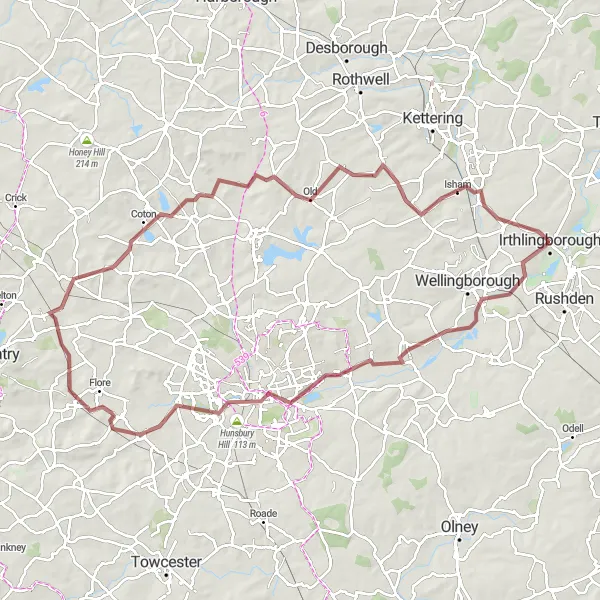 Map miniature of "The Northamptonshire Gravel Challenge" cycling inspiration in Leicestershire, Rutland and Northamptonshire, United Kingdom. Generated by Tarmacs.app cycling route planner