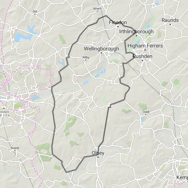 Map miniature of "Irthlingborough and Surrounding Villages" cycling inspiration in Leicestershire, Rutland and Northamptonshire, United Kingdom. Generated by Tarmacs.app cycling route planner