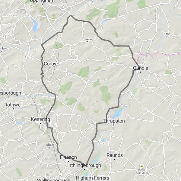 Map miniature of "Geddington and Harringworth Ride" cycling inspiration in Leicestershire, Rutland and Northamptonshire, United Kingdom. Generated by Tarmacs.app cycling route planner