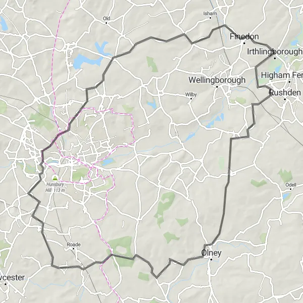 Map miniature of "Wollaston and Stoke Bruerne Circuit" cycling inspiration in Leicestershire, Rutland and Northamptonshire, United Kingdom. Generated by Tarmacs.app cycling route planner