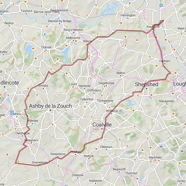 Map miniature of "Kegworth to Bellevue Hill via Shepshed" cycling inspiration in Leicestershire, Rutland and Northamptonshire, United Kingdom. Generated by Tarmacs.app cycling route planner