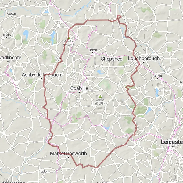 Map miniature of "Challenging Gravel Expedition" cycling inspiration in Leicestershire, Rutland and Northamptonshire, United Kingdom. Generated by Tarmacs.app cycling route planner