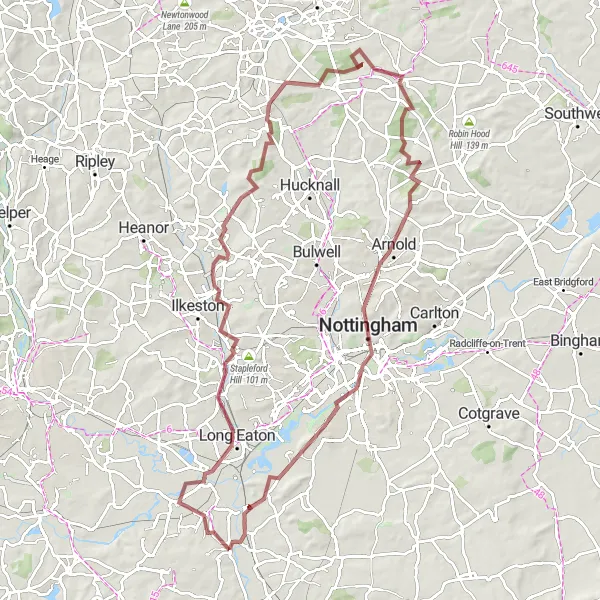 Map miniature of "Adventure through Stapleford to Nottingham" cycling inspiration in Leicestershire, Rutland and Northamptonshire, United Kingdom. Generated by Tarmacs.app cycling route planner