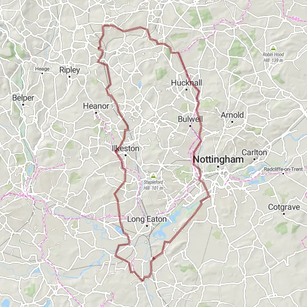 Map miniature of "Gravel Adventure through Stanton by Dale and Hucknall" cycling inspiration in Leicestershire, Rutland and Northamptonshire, United Kingdom. Generated by Tarmacs.app cycling route planner