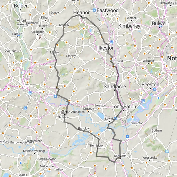 Map miniature of "Kegworth Circular Road Route" cycling inspiration in Leicestershire, Rutland and Northamptonshire, United Kingdom. Generated by Tarmacs.app cycling route planner