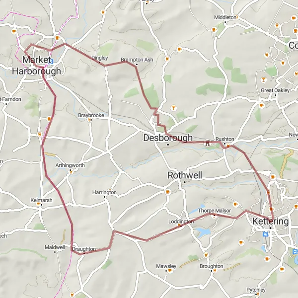 Map miniature of "Kettering Gravel Loop" cycling inspiration in Leicestershire, Rutland and Northamptonshire, United Kingdom. Generated by Tarmacs.app cycling route planner