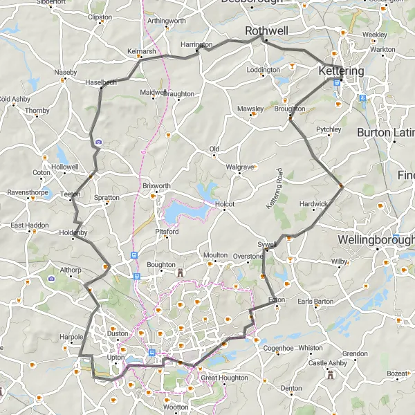 Map miniature of "Kettering to Rothwell Country Ride" cycling inspiration in Leicestershire, Rutland and Northamptonshire, United Kingdom. Generated by Tarmacs.app cycling route planner