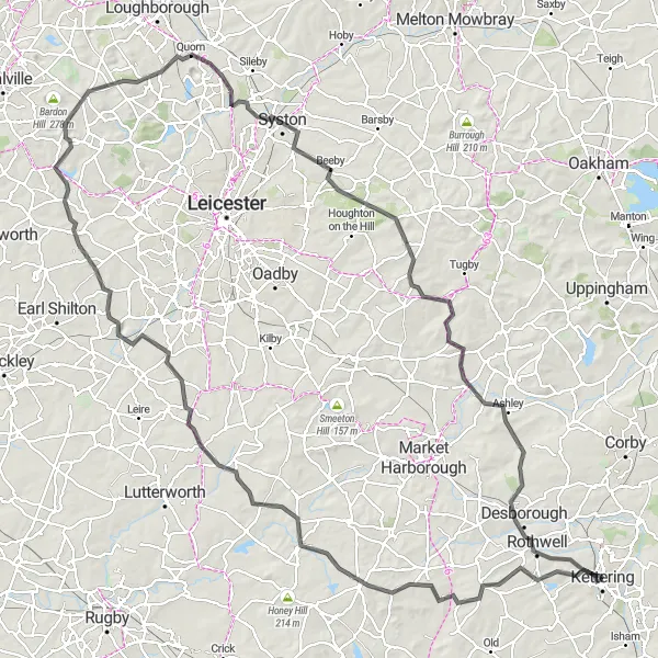 Map miniature of "Leicestershire Adventure" cycling inspiration in Leicestershire, Rutland and Northamptonshire, United Kingdom. Generated by Tarmacs.app cycling route planner