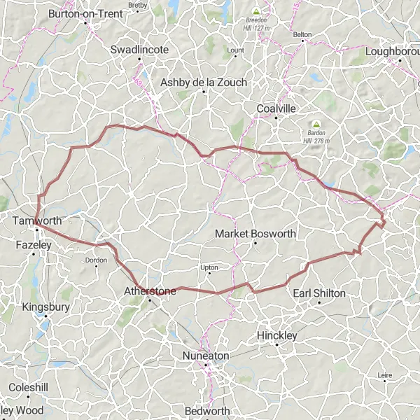 Map miniature of "Rural Rutland Gravel Expedition" cycling inspiration in Leicestershire, Rutland and Northamptonshire, United Kingdom. Generated by Tarmacs.app cycling route planner