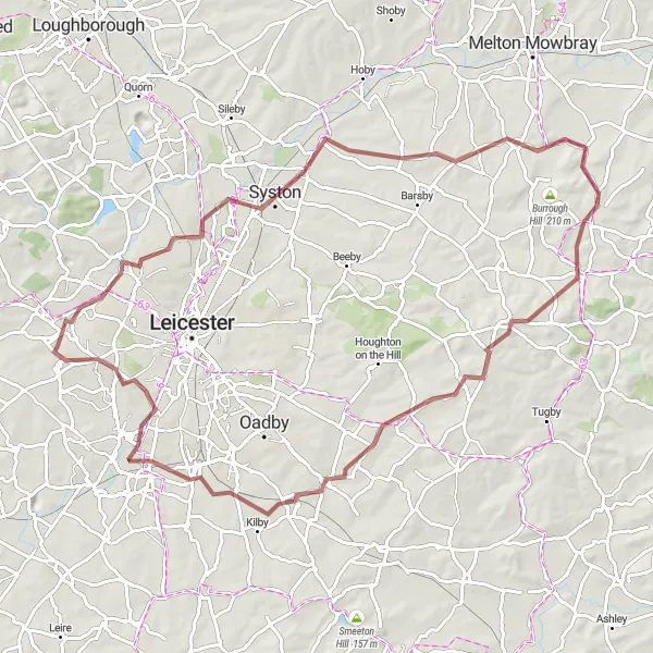 Map miniature of "Gravel Adventure through Rural Landscapes" cycling inspiration in Leicestershire, Rutland and Northamptonshire, United Kingdom. Generated by Tarmacs.app cycling route planner