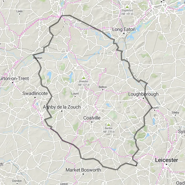 Map miniature of "Kirby Muxloe and Beyond" cycling inspiration in Leicestershire, Rutland and Northamptonshire, United Kingdom. Generated by Tarmacs.app cycling route planner