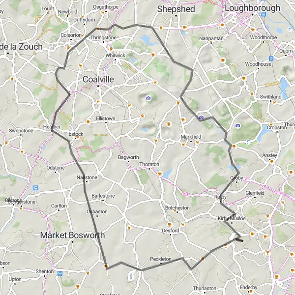 Map miniature of "Leicester Forest and Historic Peckleton" cycling inspiration in Leicestershire, Rutland and Northamptonshire, United Kingdom. Generated by Tarmacs.app cycling route planner