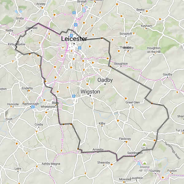 Map miniature of "The Glenfield Road Loop" cycling inspiration in Leicestershire, Rutland and Northamptonshire, United Kingdom. Generated by Tarmacs.app cycling route planner