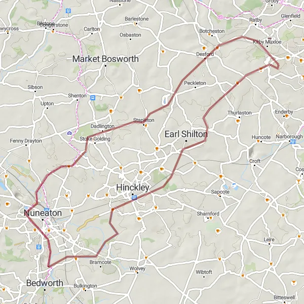 Map miniature of "Hinckley Loop" cycling inspiration in Leicestershire, Rutland and Northamptonshire, United Kingdom. Generated by Tarmacs.app cycling route planner