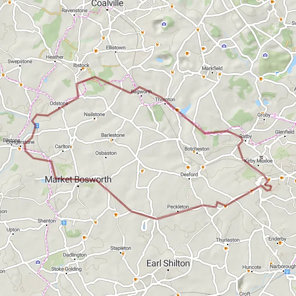 Map miniature of "Scenic Delights Gravel Ride" cycling inspiration in Leicestershire, Rutland and Northamptonshire, United Kingdom. Generated by Tarmacs.app cycling route planner