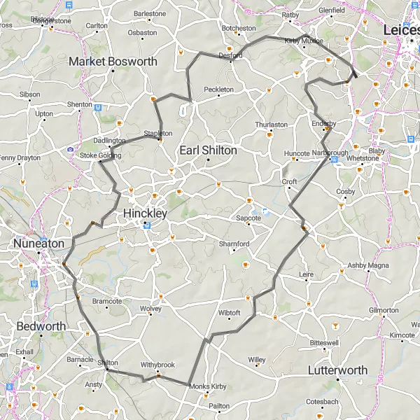 Map miniature of "Rural Delights" cycling inspiration in Leicestershire, Rutland and Northamptonshire, United Kingdom. Generated by Tarmacs.app cycling route planner