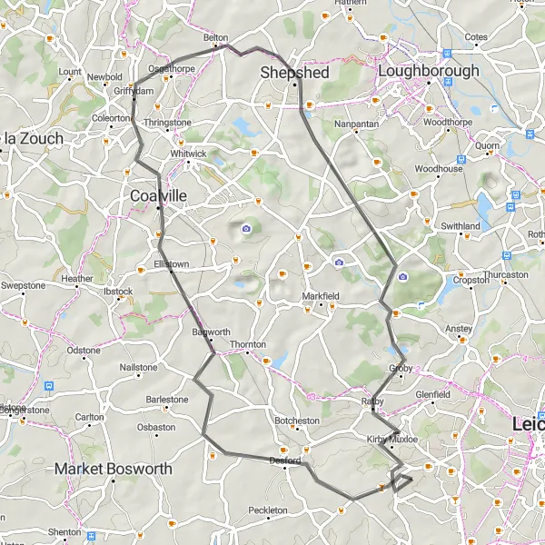 Map miniature of "Leicestershire Loop" cycling inspiration in Leicestershire, Rutland and Northamptonshire, United Kingdom. Generated by Tarmacs.app cycling route planner