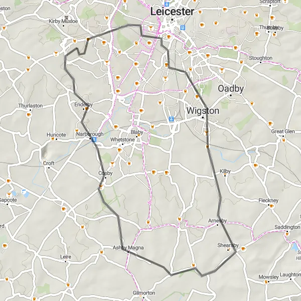 Map miniature of "Leicester Countryside Road Loop" cycling inspiration in Leicestershire, Rutland and Northamptonshire, United Kingdom. Generated by Tarmacs.app cycling route planner