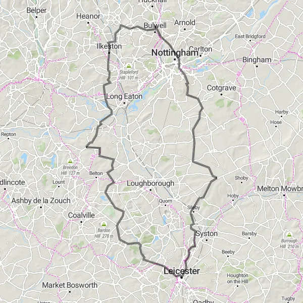 Map miniature of "Leicester to Nottingham Road Challenge" cycling inspiration in Leicestershire, Rutland and Northamptonshire, United Kingdom. Generated by Tarmacs.app cycling route planner