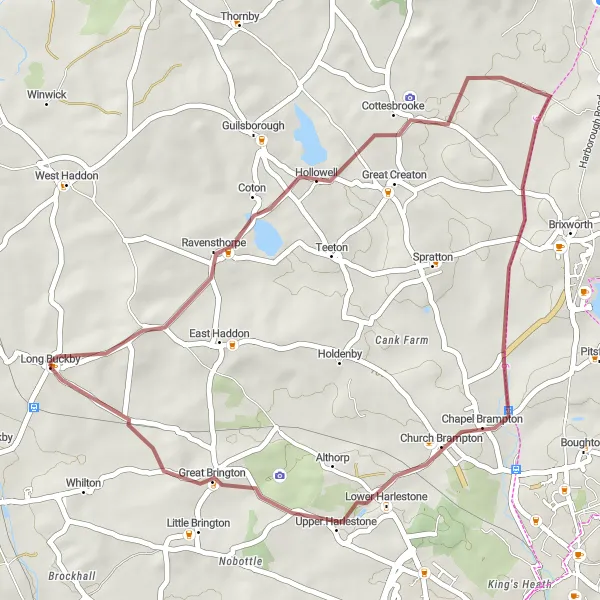 Map miniature of "The Brampton Loop" cycling inspiration in Leicestershire, Rutland and Northamptonshire, United Kingdom. Generated by Tarmacs.app cycling route planner