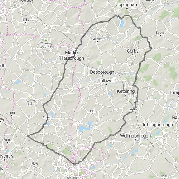 Map miniature of "Northamptonshire Country Loop" cycling inspiration in Leicestershire, Rutland and Northamptonshire, United Kingdom. Generated by Tarmacs.app cycling route planner