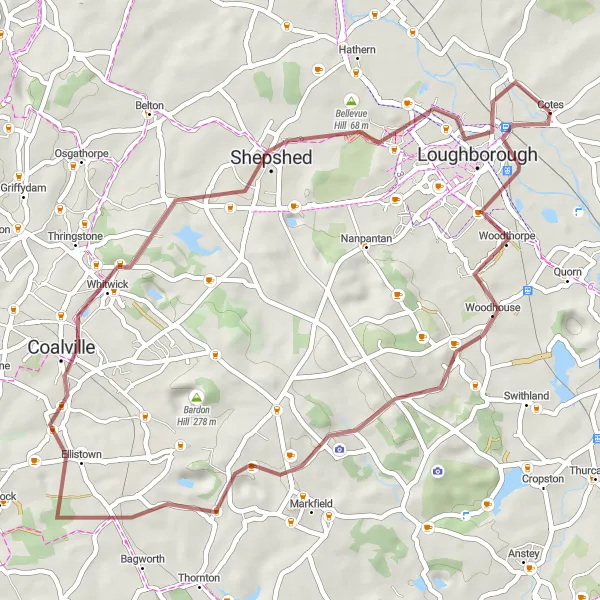 Map miniature of "Black Hill to Stanford on Soar Gravel Cycling Adventure" cycling inspiration in Leicestershire, Rutland and Northamptonshire, United Kingdom. Generated by Tarmacs.app cycling route planner