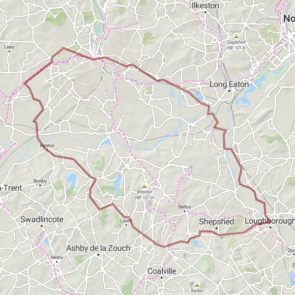 Map miniature of "Loughborough Gravel Adventure" cycling inspiration in Leicestershire, Rutland and Northamptonshire, United Kingdom. Generated by Tarmacs.app cycling route planner