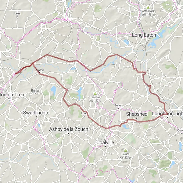 Map miniature of "Shepshed to Weston-on-Trent Gravel Cycling Exploration" cycling inspiration in Leicestershire, Rutland and Northamptonshire, United Kingdom. Generated by Tarmacs.app cycling route planner